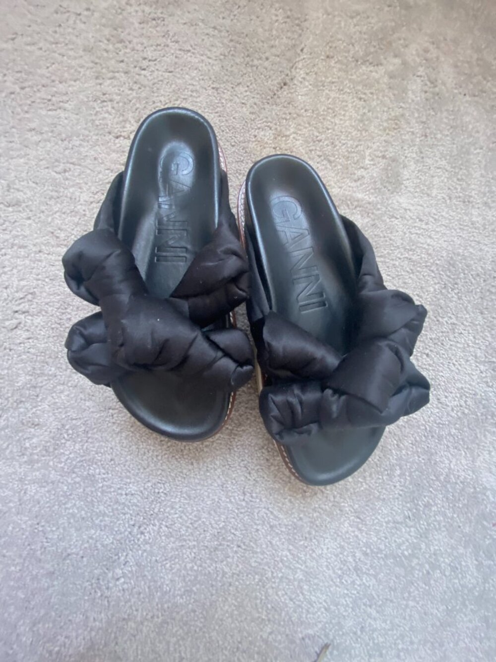 Ganni Black Knotted Satin Slide Sandals EU 38